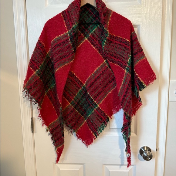 Accessories - Cozy Red Plaid Poncho Wrap - Women's Scarf & Wrap